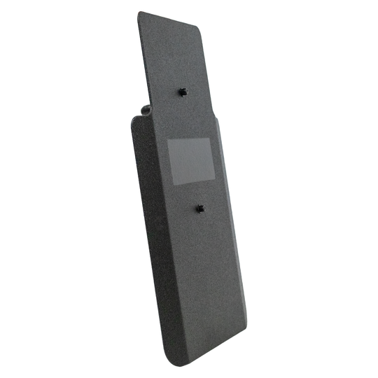 Side view of black 20" x 30" Caliber Armor Pistol rated Level IIIA HG2 Ballistic Shield with fixed streamlined handle in the center on a white background 1