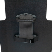 Upclose view of black 20" x 30" Caliber Armor Pistol rated Level IIIA HG2 Ballistic Shield with fixed streamlined handle in the center, padded armrest & quick release strap on a white background 2