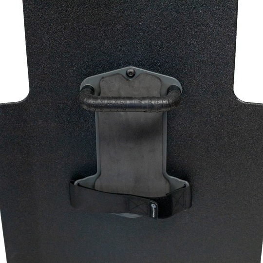 Upclose view of black 20" x 30" Caliber Armor Pistol rated Level IIIA HG2 Ballistic Shield with fixed streamlined handle in the center, padded armrest & quick release strap on a white background 2