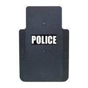 Front of black 20" x 30" Caliber Armor Pistol rated Level IIIA HG2 Ballistic Shield with fixed streamlined handle in the center , text of "police" in white on a white background 5