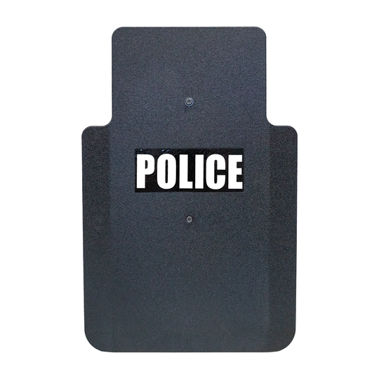 Front of black 20" x 30" Caliber Armor Pistol rated Level IIIA HG2 Ballistic Shield with fixed streamlined handle in the center , text of "police" in white on a white background 5