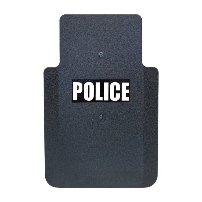 Front of black 20" x 30" Caliber Armor Pistol rated Level IIIA HG2 Ballistic Shield with fixed streamlined handle in the center , text of "police" in white on a white background 5