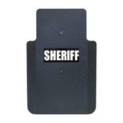 Front of black 20" x 30" Caliber Armor Pistol rated Level IIIA HG2 Ballistic Shield with fixed streamlined handle in the center , text of "sheriff" in white on a white background 4