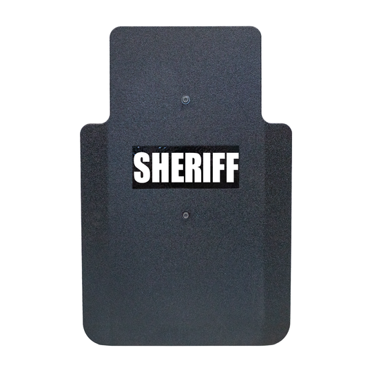 Front of black 20" x 30" Caliber Armor Pistol rated Level IIIA HG2 Ballistic Shield with fixed streamlined handle in the center , text of "sheriff" in white on a white background 4