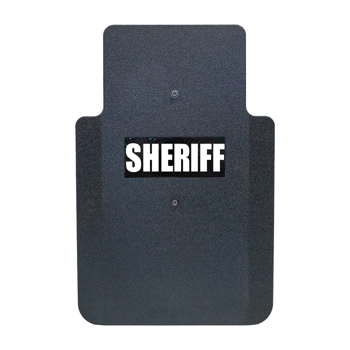 Front of black 20" x 30" Caliber Armor Pistol rated Level IIIA HG2 Ballistic Shield with fixed streamlined handle in the center , text of "sheriff" in white on a white background 4