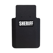Front of black 20" x 30" Caliber Armor Pistol rated Level IIIA HG2 Ballistic Shield with "Sheriff" in white text, on a white background 3