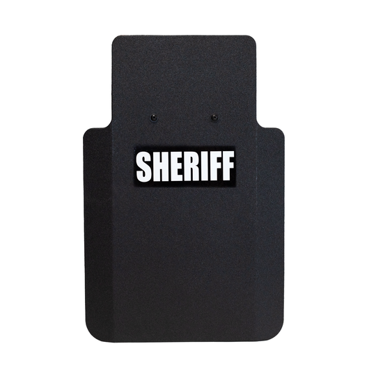 Front of black 20" x 30" Caliber Armor Pistol rated Level IIIA HG2 Ballistic Shield with "Sheriff" in white text, on a white background 3