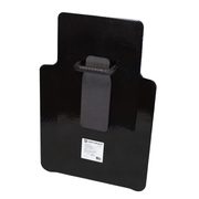 Back of black 20" x 30" Caliber Armor Pistol rated Level IIIA HG2 Ballistic Shield with center mounted value line handle & padded armrest on a white background 2