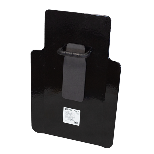 Back of black 20" x 30" Caliber Armor Pistol rated Level IIIA HG2 Ballistic Shield with center mounted value line handle & padded armrest on a white background 2