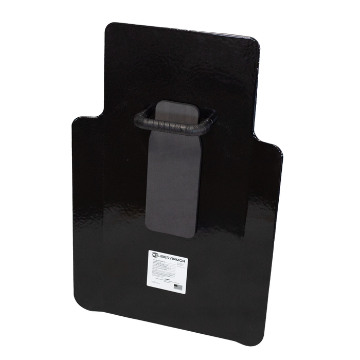 Back of black 20" x 30" Caliber Armor Pistol rated Level IIIA HG2 Ballistic Shield with center mounted value line handle & padded armrest on a white background 2
