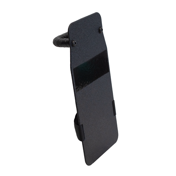 Front angled view of black 8" x 17" Caliber Armor Pistol rated NIJ HG2 Ballistic Shield with partial view of backside handle on a white background 2