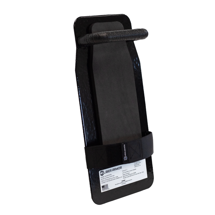 Back angled view of black 8" x 17" Caliber Armor Pistol rated NIJ HG2 Ballistic Shield on a white background 3