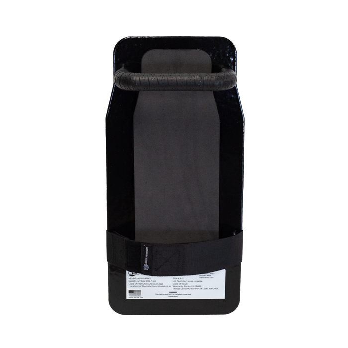 Back view of black 8" x 17" Caliber Armor Pistol rated NIJ HG2 Ballistic Shield with handle, padded armrest, & retension strap on a white background 4