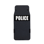 Black 8" x 17" Caliber Armor Pistol rated Level IIIA HG2 Ballistic Shield with the text "POLICE" written in white words 8