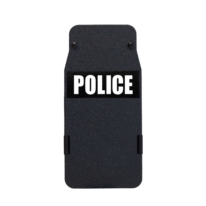 Black 8" x 17" Caliber Armor Pistol rated Level IIIA HG2 Ballistic Shield with the text "POLICE" written in white words 8