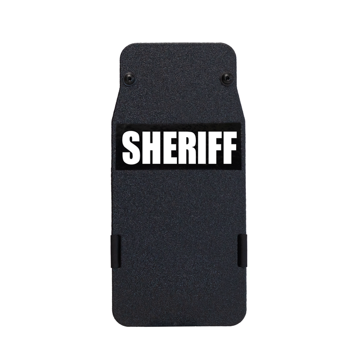 Black 8" x 17" Caliber Armor Pistol rated Level IIIA HG2 Ballistic Shield with the text "Sheriff" written in white words 9