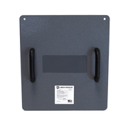 Backside of gray 18" x 20" Caliber Armor Pistol rated Level IIIA HG2 Ballistic Shield with dual handles for schools, places of worship & law enforcement on a white background 1