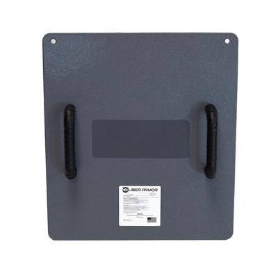 Backside of gray 18" x 20" Caliber Armor Pistol rated Level IIIA HG2 Ballistic Shield with dual handles for schools, places of worship & law enforcement on a white background