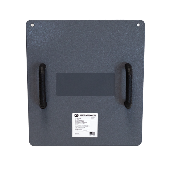 Backside of gray 18" x 20" Caliber Armor Pistol rated Level IIIA HG2 Ballistic Shield with dual handles for schools, places of worship & law enforcement on a white background 1