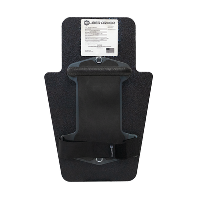Backside of black 12" x 18" Caliber Armor Rifle rated Level III+ RF2 Ballistic Shield with padded streamlined handle on a white background