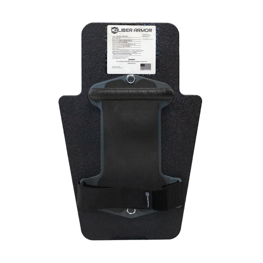 Backside of black 12" x 18" Caliber Armor Rifle rated Level III+ RF2 Ballistic Shield with padded streamlined handle on a white background 1