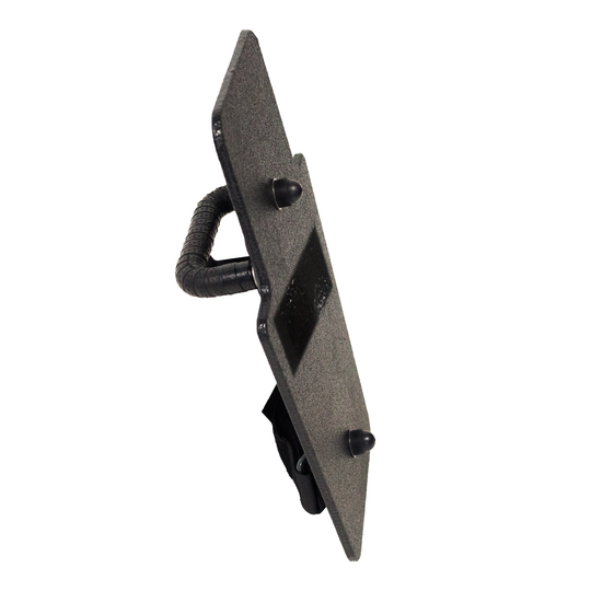 Side view of black 12" x 18" Caliber Armor Rifle rated Level III+ RF2 Ballistic Shield with SL handle on a white background 3