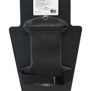 Close up of backside of black 12" x 18" Caliber Armor Rifle rated Level III+ RF2 Ballistic Shield with padded streamlined handle on a white background 2