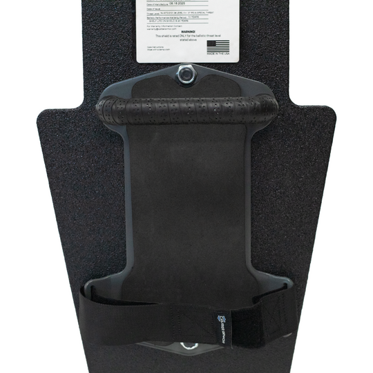 Close up of backside of black 12" x 18" Caliber Armor Rifle rated Level III+ RF2 Ballistic Shield with padded streamlined handle on a white background 2