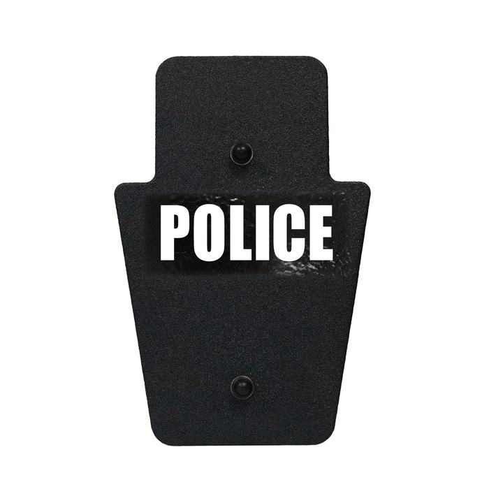 Front of black 12" x 18" Caliber Armor Rifle rated Level III+ RF2 Ballistic Shield with SL handle with Police logo on a white background 5