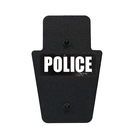 Front of black 12" x 18" Caliber Armor Rifle rated Level III+ RF2 Ballistic Shield with SL handle with Police logo on a white background 5
