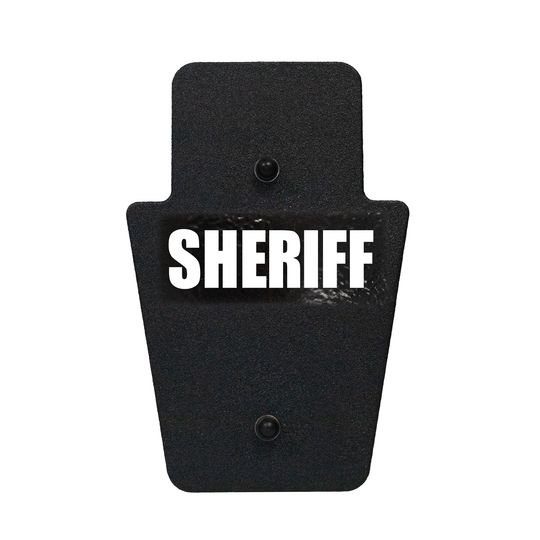 Front of black 12" x 18" Caliber Armor Rifle rated Level III+ RF2 Ballistic Shield with SL handle with Sheriff logo on a white background 4