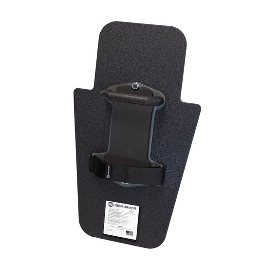 Angled view of backside of black 15" x 25" Caliber Armor Rifle rated Level III+ RF2 Ballistic Shield with center mounted fixed SL handle with padded armrest & retention strap on a white background 1