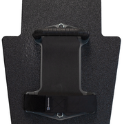 Up close view of black 15" x 25" Caliber Armor Rifle rated Level III+ RF2 Ballistic Shield with fixed streamlined handle in the center on a white background 3