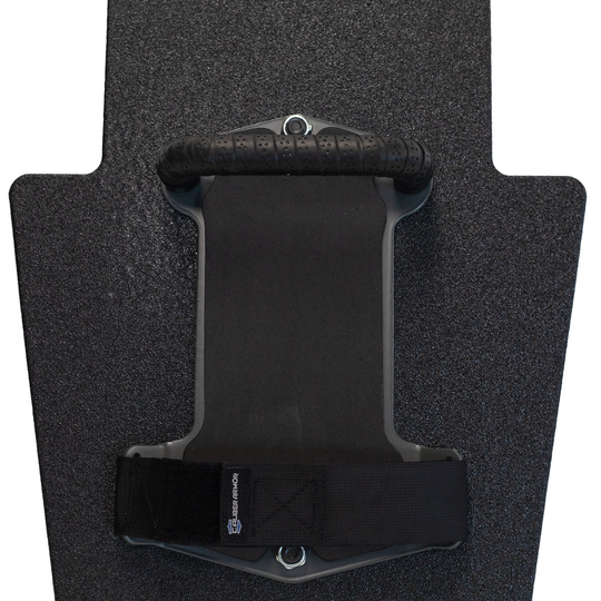 Up close view of black 15" x 25" Caliber Armor Rifle rated Level III+ RF2 Ballistic Shield with fixed streamlined handle in the center on a white background 3
