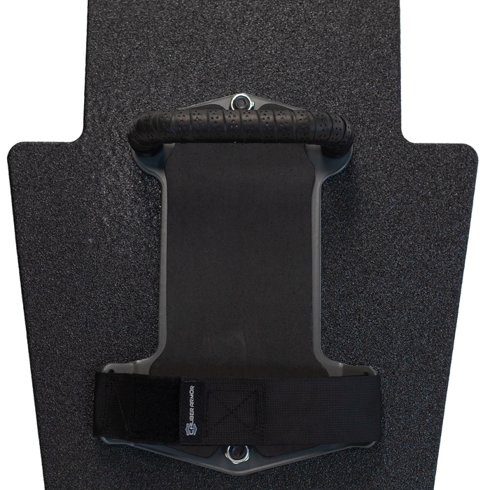 Up close view of black 15" x 25" Caliber Armor Rifle rated Level III+ RF2 Ballistic Shield with fixed streamlined handle in the center on a white background 3