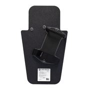 Back of black 15" x 25" Caliber Armor Rifle rated Level III+ RF2 Ballistic Shield with pivoting handle mounted in the for left handed use  or a right handed shooter featuring padded armrest with retention strap on a white background 2