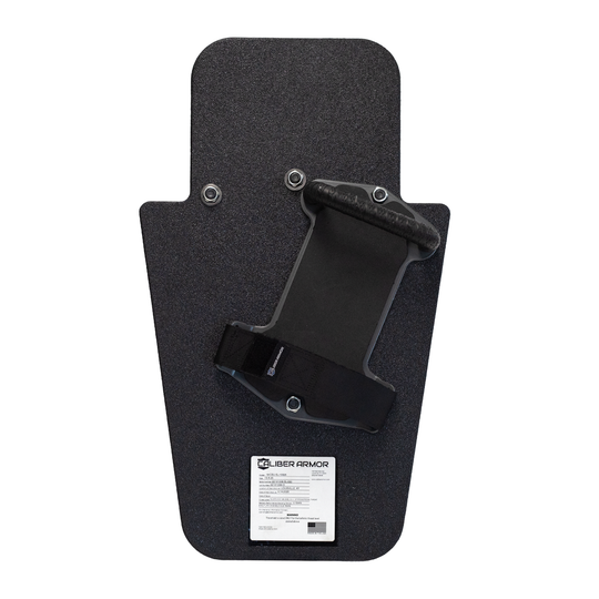 Back of black 15" x 25" Caliber Armor Rifle rated Level III+ RF2 Ballistic Shield with pivoting handle mounted in the for left handed use  or a right handed shooter featuring padded armrest with retention strap on a white background 2