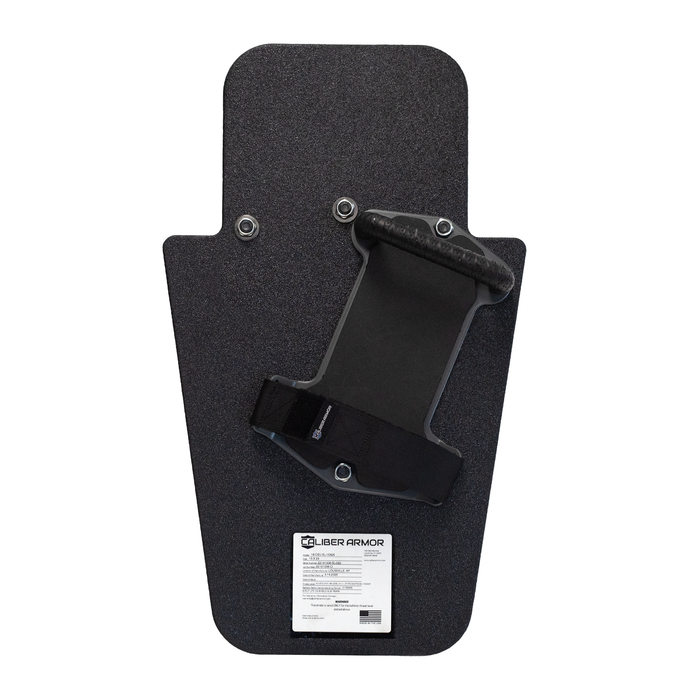 Back of black 15" x 25" Caliber Armor Rifle rated Level III+ RF2 Ballistic Shield with pivoting handle mounted in the for left handed use  or a right handed shooter featuring padded armrest with retention strap on a white background 2
