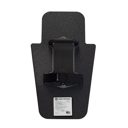 Backside of black 15" x 25" Caliber Armor Rifle rated Level III+ RF2 Ballistic Shield with center mounted fixed SL handle on a white background 2