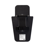Back of black 15" x 25" Caliber Armor Rifle rated Level III+ RF2 Ballistic Shield with pivoting handle mounted in the center position & padded armrest with retention strap on a white background 1
