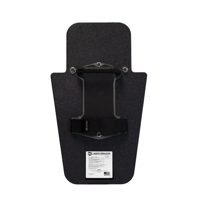 Back of black 15" x 25" Caliber Armor Rifle rated Level III+ RF2 Ballistic Shield with pivoting handle mounted in the center position & padded armrest with retention strap on a white background