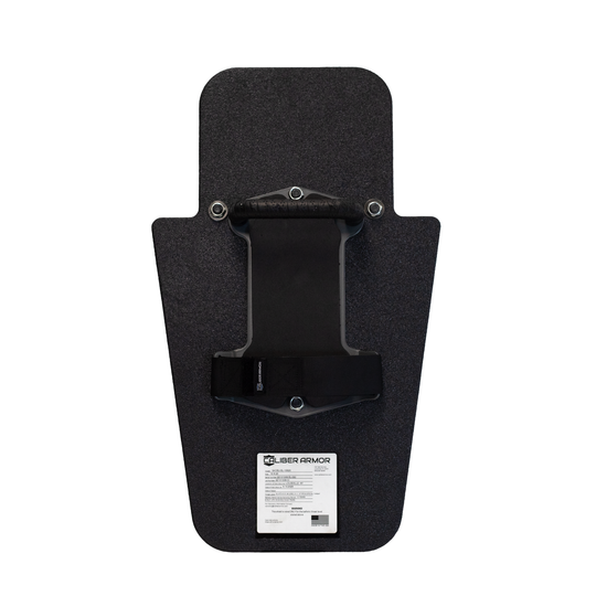 Back of black 15" x 25" Caliber Armor Rifle rated Level III+ RF2 Ballistic Shield with pivoting handle mounted in the center position & padded armrest with retention strap on a white background 1