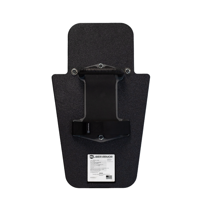 Back of black 15" x 25" Caliber Armor Rifle rated Level III+ RF2 Ballistic Shield with pivoting handle mounted in the center position & padded armrest with retention strap on a white background 1