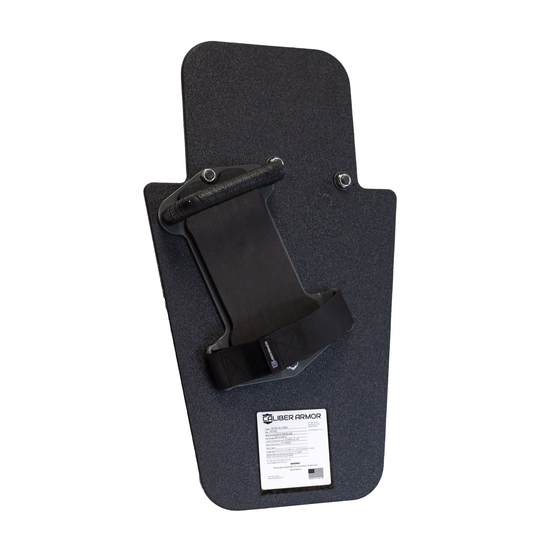 Back of black 15" x 25" Caliber Armor Rifle rated Level III+ RF2 Ballistic Shield with pivoting handle mounted in the for right handed use or a left handed shooter featuring padded armrest with retention strap on a white background 3