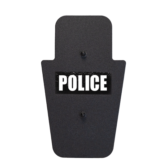 Front of black 15" x 25" Caliber Armor Rifle rated Level III+ RF2 Ballistic Shield with fixed SL handle in the center & text of "police" in white on a white background 4