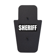Front of black 15" x 25" Caliber Armor Rifle rated Level III+ RF2 Ballistic Shield with fixed streamlined handle in the center & text of "sheriff" in white on a white background 5