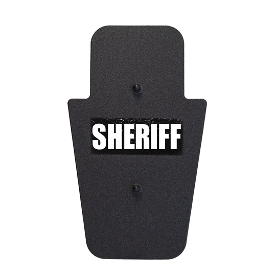 Front of black 15" x 25" Caliber Armor Rifle rated Level III+ RF2 Ballistic Shield with fixed streamlined handle in the center & text of "sheriff" in white on a white background 5