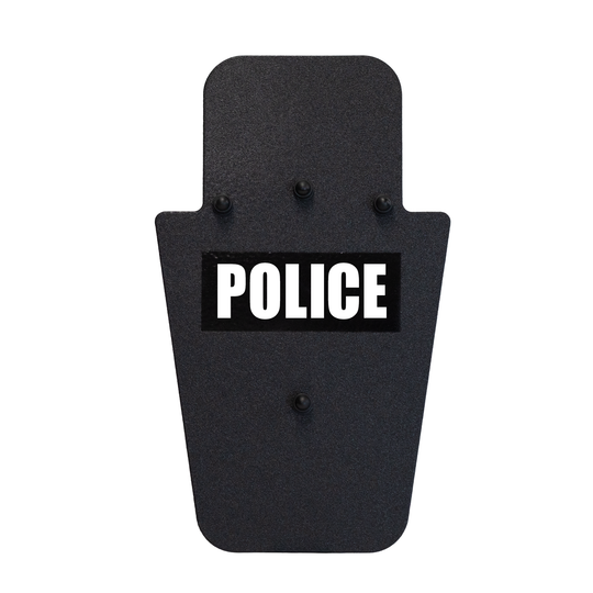 Front of black 15" x 25" Caliber Armor Rifle rated Level III+ RF2 Ballistic Shield with 3 position handle & text of "police" in white on a white background 8