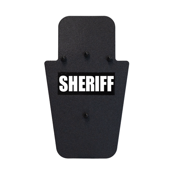 Front of black 15" x 25" Caliber Armor Rifle rated Level III+ RF2 Ballistic Shield with 3 position handle & text of "sheriff" in white on a white background 9