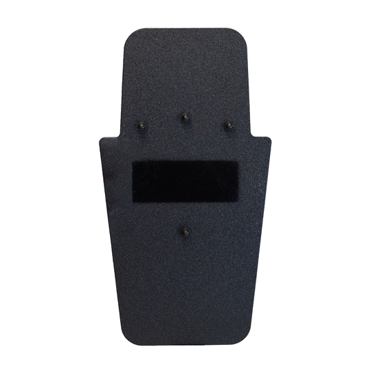 Front of a black 16" x 30" Caliber Armor Rifle rated Level III+ RF2 Ballistic Shield with pivoting handle on a white background 10